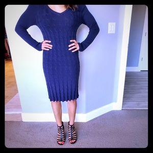 blue sweater dress.